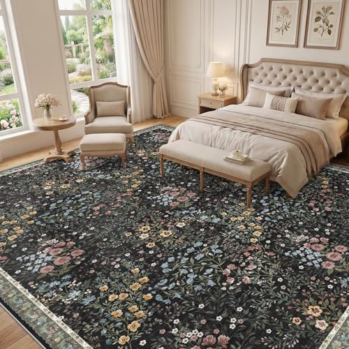 12x12 Square Area Rug Living Room: Boho Floral Washable Mat for Dining Room Bedroom Office High Traffic Area Soft Non Slip Low Pile Indoor Carpet for Vintage Farmhouse Home Decor (12ft Square, Black) - Image 4