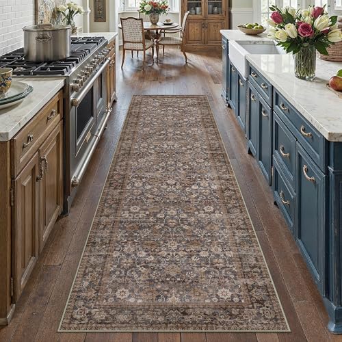 HUGEAR 2x8 Brown Blue Vintage Floral Washable Runner Rug for Hallway by HUGEAR