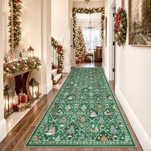 Christmas 3x8 Washable Kitchen Runner Rug, Green Non Slip Low Pile Rug - Image 3