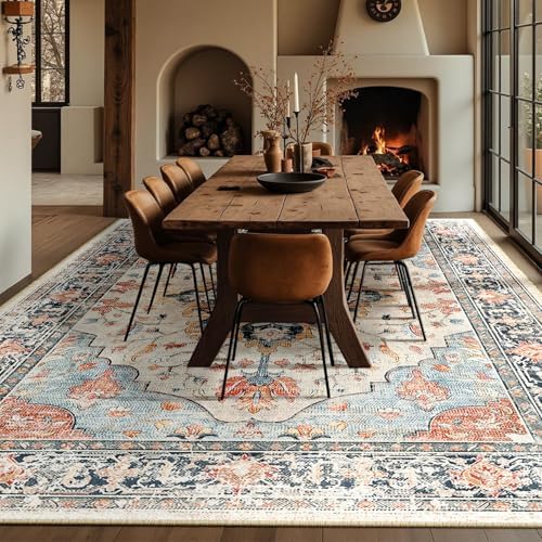 RELEANY Washable Area Rug, Large 10'x12', Beige/Blue/Orange - Image 3