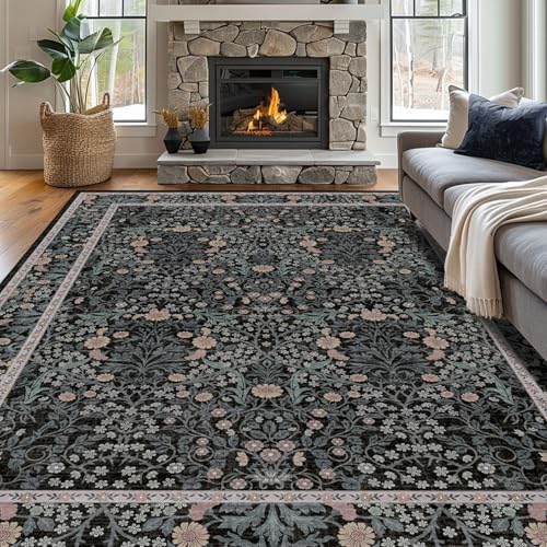 9x12 Washable Area Rugs for Living Room Soft Carpet (Black Flora) - Image 2