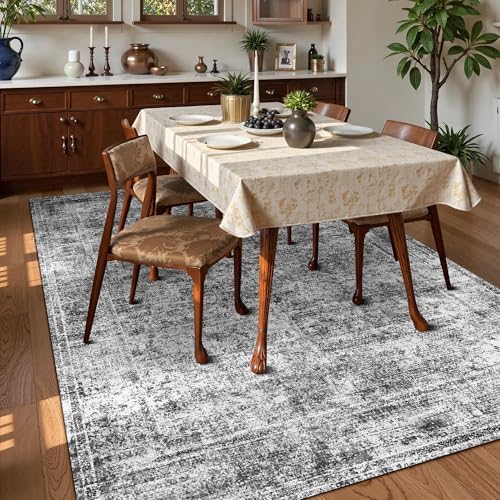 Washable Area Rug 5' x 7' Vintage Traditional Persian Mat - Foldable Distressed Non-Slip Machine Washable Carpet for Living Room Bedroom Kitchen Home Decor - Graphite and Mist - Image 3
