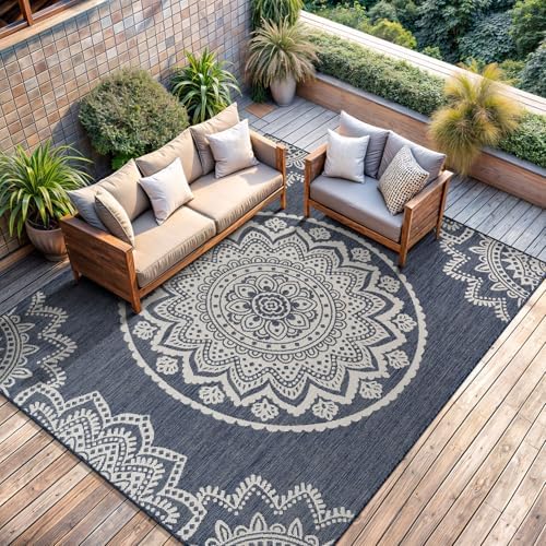 CAMILSON Outdoor Rug 6x9 Modern Area Rugs for Indoor and Outdoor Patios and Porches - Waterproof, Washable, Non-Shedding, Easy-to-Clean Outside Carpet (6 x 9, Medallion - Blue/White) by CAMILSONIndoorOutdoorAreaRugs