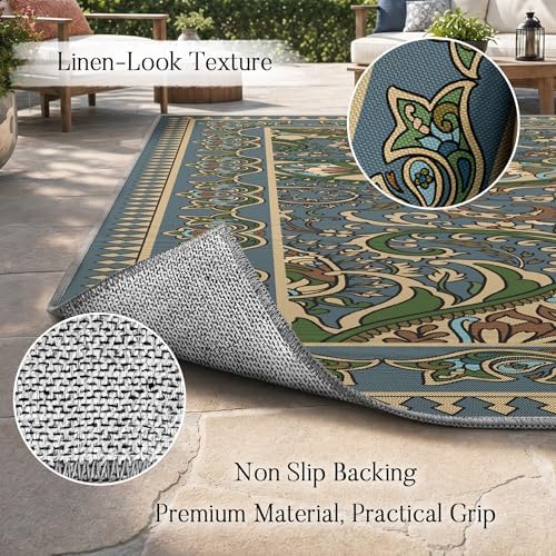 Arenarug Paisley Waterproof Outdoor Rug 8x10, UV Resistant, Sage&Blue - Image 4