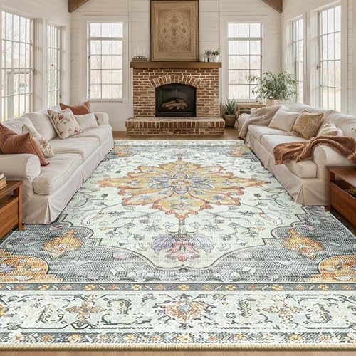 RELEANY Washable Area Rug, Large 10'x14', Beige/Carbon Grey/Orange - Image 2