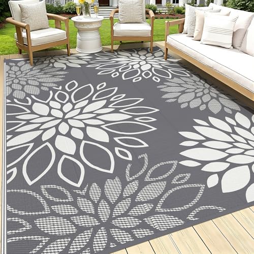 HEBE Waterproof Outdoor Rug 9'x12', Floral Reversible Plastic Patio Rug by HEBE