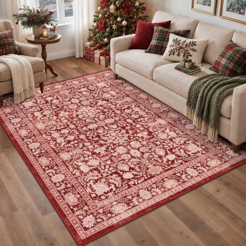Washable 5x7 Christmas Office Area Rug Non-Slip Xmas Red Throw Carpet by HOME