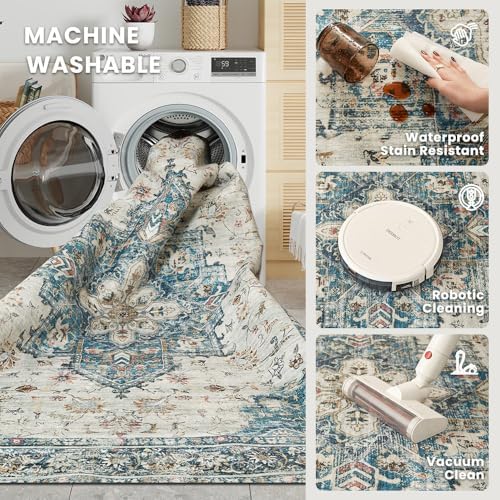 6x9 Blue Washable Area Rug for Living Room, Vintage Print - Image 5