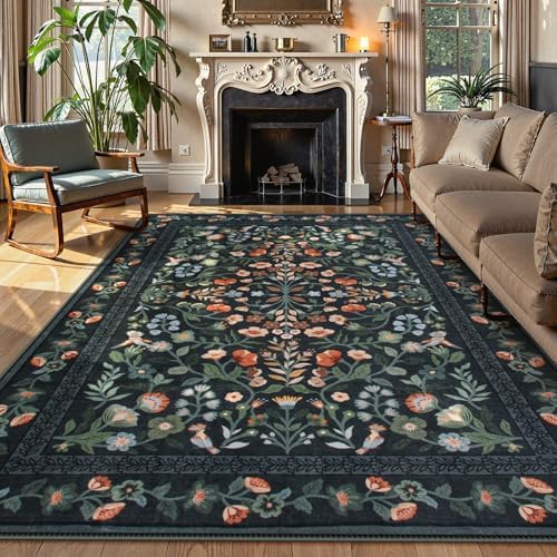 Lahome Black Floral Washable Area Rug 8x10, Vintage Boho Carpet by Lahome