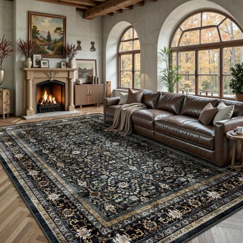 6x9 Area Rugs - Washable Vintage Retro Living Room Rug, Soft Ultra Thin Non Slip Low Pile Traditional Distressed Boho Carpet for Bedroom Dining Room Nursery Home Office, Black & Gold by Yarooge