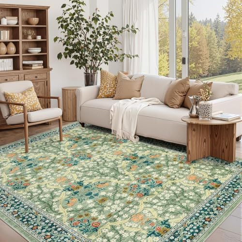GarveeHome 6x9 Washable Area Rug for Living Room, Floral Dining Room Rugs for Under Table, Low Pile Non-Slip Stain Resistance Floor Carpet for Bedroom, Sage Green - Image 3