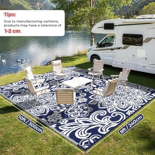 Findosom Waterproof Outdoor Rug 8' x 10' - Reversible Mandala Outdoor Plastic Straw Rug, Durable Foldable Patio Rug for RV, Deck, Balcony, Backyard, Picnic, Porch, Camping, Beach, Navy - Image 2