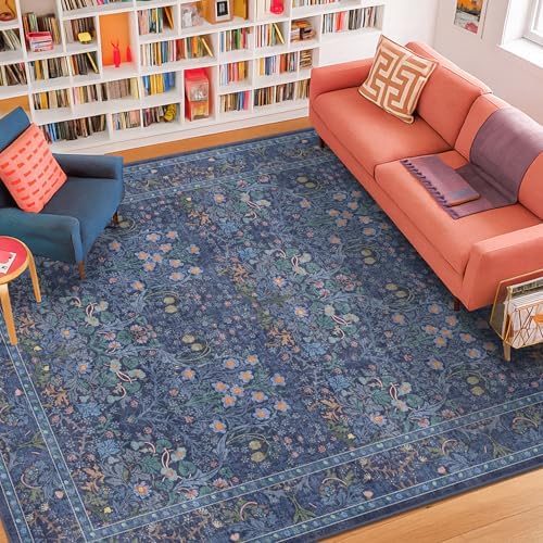 Dark Navy Blue Living Room Rug 5x7 Area Rug - Vintage Floral Forest Washable Mat for Dining Room, Bedroom, Low Pile Non Slip Stain Resistance Distressed Retro Indoor Boho Carpet by HazoHaus