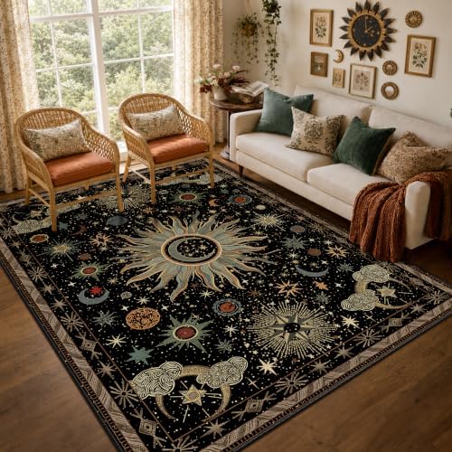 Vacuum-Friendly, 7x9 Washable Area Rug, Black Green Blue by meejou