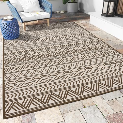 Outdoor Rug Carpet 9x12 ft, Flatweave Textured Outdoor Patio Rug Non Slip Indoor Outdoor Rugs with Rubber Particles Backing Boho Outdoor Area Rug for Patio Deck Front Porch Backyard Balcony, Brown by MontVoo