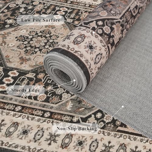 Kitchen Runner Rug 4x12 Washable - Wide Vintage Hallway Entryway Rugs with Non Slip Backing Indoor Stain Resistant Thin Carpet for Living Room Bedroom Ultra Soft Home Decor Floor Mat 4'x12' Black - Image 5