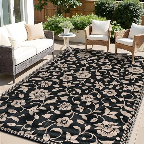 OLANLY Outdoor Rug 6x9 ft Waterproof Reversible Floral Mat, Black & Beige by OLANLY