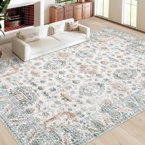 XLUEZ Area Rug 9x12 Living Room Rug, Machine Washable Vintage Distressed Boho Area Rug Non-Slip Soft Low Pile Large Indoor Rugs for Bedroom Kitchen Dining Room Office(Brown Green,9'x12') - Image 2