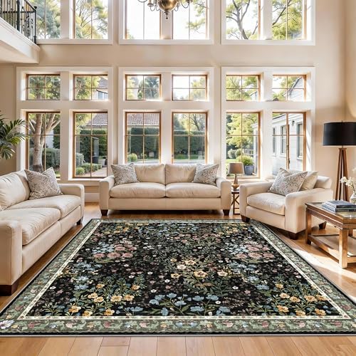 Vintage Floral Dining Room Rug 7x7-7ft Square Low Pile Non Slip Machine Washable Area Rug, Indoor Carpet for Under Table/Bed Living Room Bedroom Office Nursery Entryway Playroom (7ft Square, Black) by YOUFORTONG