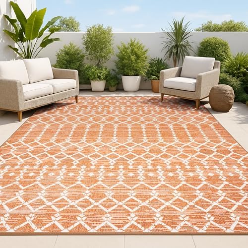 JONATHAN Y Moroccan Geometric Indoor Outdoor Area Rug 8X10 Orange/Cream, Ourika Textured Weave for Backyard, Patio, Porch, Easy-Cleaning, High Traffic, Pet-Friendly, Non-Shedding (SMB108P-8) by JONATHANY