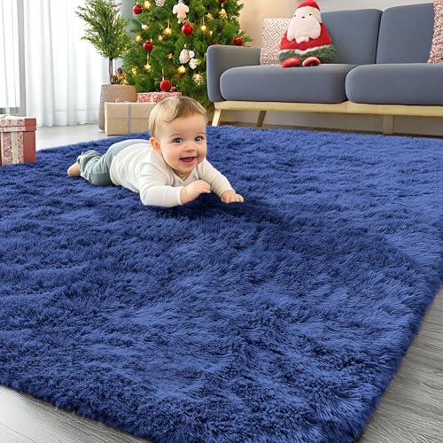 OLANLY Area Rugs for Living Room Bedroom, Machine Washable 4x5.9 ft Soft Fluffy Shaggy Bedside Rug, Indoor Floor Carpet for Kids Girls and Boys, Dorms, Nursery Rooms, Home Decor Aesthetic, Navy Blue by OLANLY