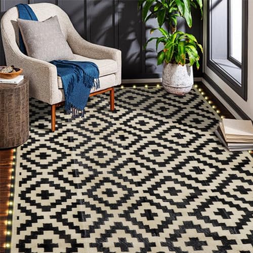 SAND MINE Reversible Mats with Led Strip Lights, Plastic Straw Rug, Modern Area Rug, Large Floor Mat for Outdoors, Patio, Backyard, Deck, Picnic, Camping, Black & Beige, 5' x 8' - Image 7