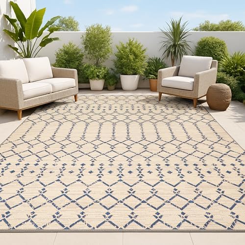 JONATHAN Y Moroccan Geometric Indoor Outdoor Area Rug 4X6 Beige/Navy, Ourika Textured Weave for Backyard, Patio, Porch, Easy-Cleaning, High Traffic, Pet-Friendly, Non-Shedding (SMB108H-4) by JONATHANY