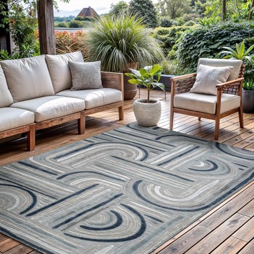 CAMILSON Indoor Outdoor Rug, Blue 9x12 Geometric Arch Striped Large Area Rugs for Patio and Home Areas, Easy-Cleaning Non-Shedding Living Room, Garden and Deck Washable Outside Carpet (9 x 12) - Image 6