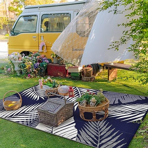 GENIMO Outdoor Rug, Waterproof Plastic Rugs for Patio, 8'x10' Blue White - Image 3