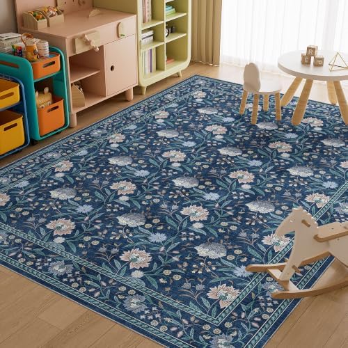DUKINO 9x12 Area Rug for Living Room Vintage Floral Washable Rug, Dark Blue - Image 5