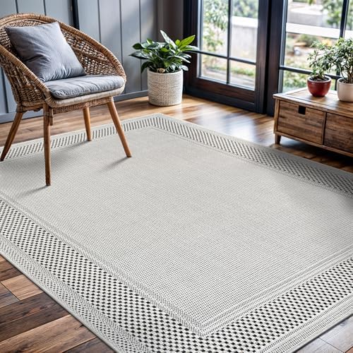 CAMILSON Easy Jute Rug 9x12, Indoor Outdoor Off-White Color Fiber Area Rugs for Living Room Patio and Dining Room Rug, Bordered Boho Woven Design, Easy-Cleaning, Washable Outside Carpet (9 x 12) - Image 4