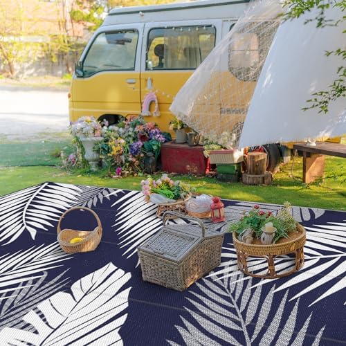 GENIMO Outdoor Rug, Waterproof Plastic Rugs 10'x14' for Camping Blue White - Image 3