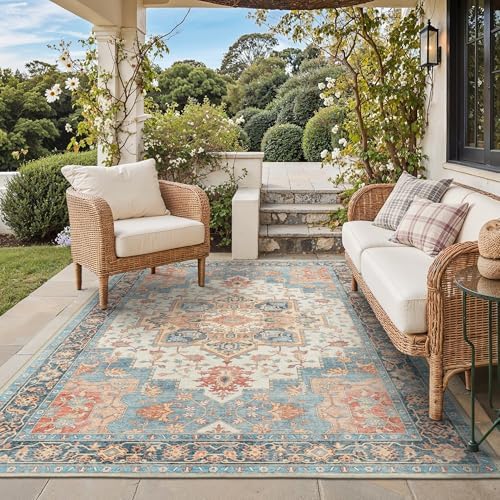 GENIMO Indoor Outdoor Rug, Washable for Patio and Deck, Peach Blue, 5x8 by GENIMO