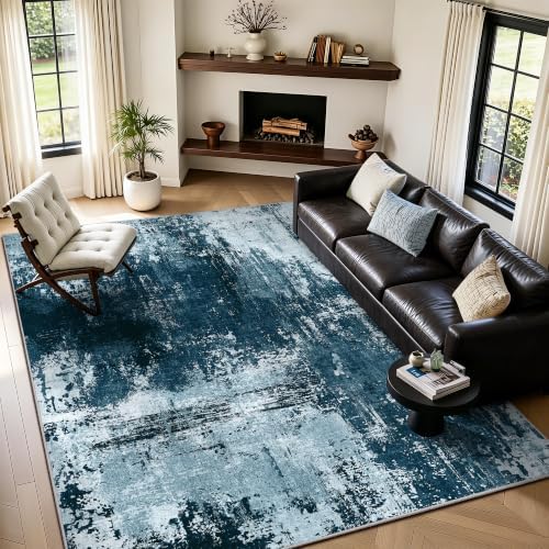 5x7 Rugs for Living Room - Modern Abstract Washable Rug, Ultra Soft Non Slip Low Pile Large Rugs, Floor Carpet for Bedroom Dining Room Office Laundry Nursery Home（Ocean Blue） by Yarooge