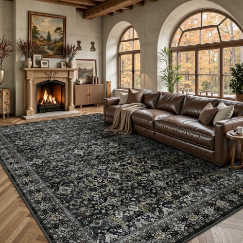 6x9 Area Rugs - Washable Vintage Retro Living Room Rug, Soft Ultra Thin Non Slip Low Pile Traditional Distressed Boho Carpet for Bedroom Dining Room Nursery Home Office, Black Gold by Yarooge