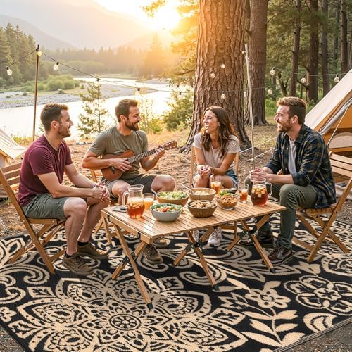Findosom Waterproof Outdoor Rug 6' x 9' - Reversible Mandala Outdoor Plastic Straw Rug, Durable Foldable Patio Rug for RV, Deck, Balcony, Backyard, Picnic, Porch, Camping, Beach, Black - Image 4