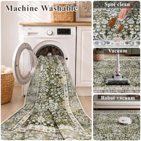 Vintage 5x7 Area Rugs Washable: Sage Green Botanical Rug for Living Room - Image 5