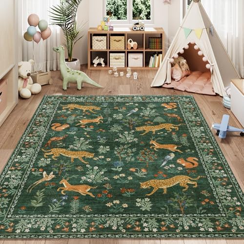4x6 Green Animal Washable Area Rug for Living Room, Vintage Print - Image 4