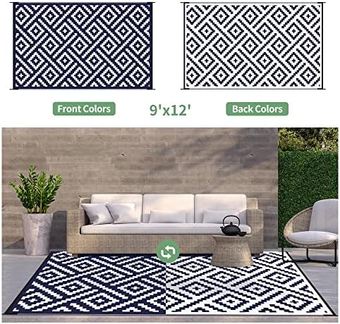 GENIMO Outdoor Rug, Waterproof Plastic Rugs 9'x12' for Camping Blue White - Image 3