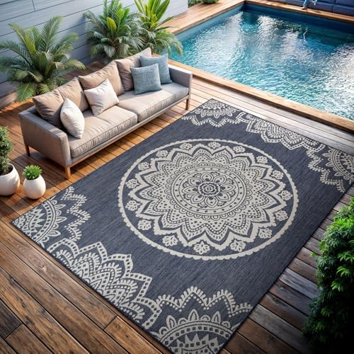 CAMILSON Outdoor Rug 10x14 Modern Area Rugs for Large Indoor and Outdoor Patios and Porches - Waterproof Washable Non-Shedding Easy-to-Clean Outside Carpet (10 x 14, Medallion - Blue/White) - Image 5
