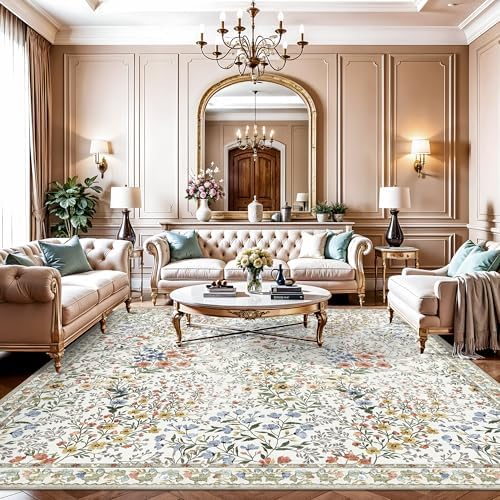 10x10 Square Area Rug Living Room: Boho Floral Washable Mat for Dining Room Bedroom Office High Traffic Area Soft Non Slip Low Pile Indoor Carpet for Vintage Farmhouse Home Decor (10ft Square, Beige) - Image 4
