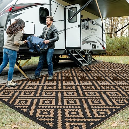 GENIMO Outdoor Rug, Waterproof Plastic Rugs 9'x18' for Camping Black Brown by GENIMO