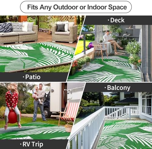 Waterproof Outdoor Rug 8x10ft, Green Leaf Reversible Plastic Straw Mat for Patio RV Deck Porch Backyard Balcony Camping Picnic Beach Indoor Outdoor Carpet, Green&White - Image 4