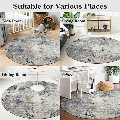 Lahome Modern Abstract Round Rug - 4Ft Grey Small Bathroom Rug Indoor 4x4 Circle Rugs Washable Kitchen Mat, Non Slip Contemporary Bedroom Carpet for Living Dining Room Office Nursery - Image 6