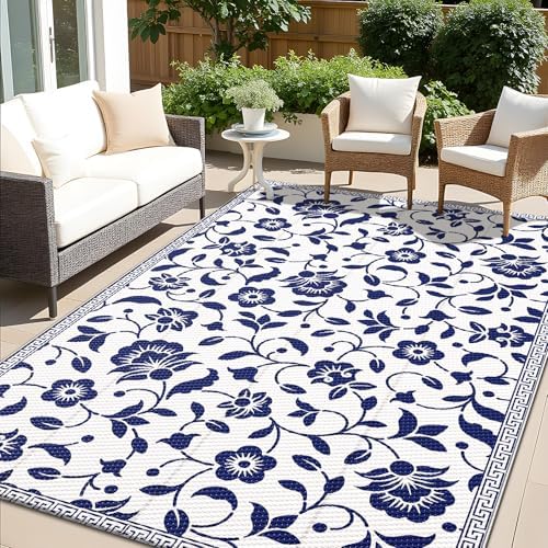 OLANLY Outdoor Rug 5x8 ft Waterproof Reversible Floral Mat, Navy & White by OLANLY