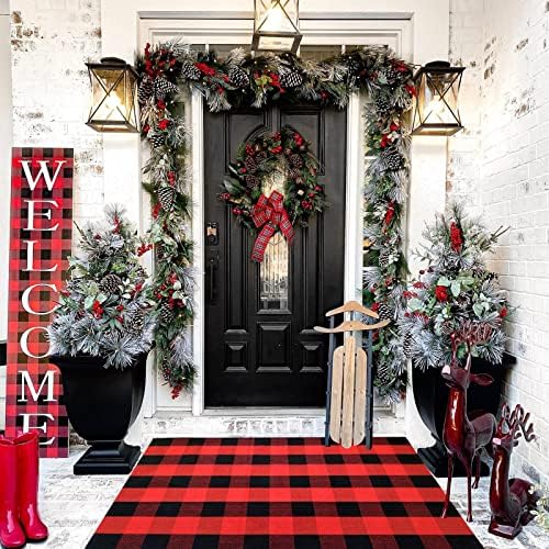 Red and Black Plaid Rug, 3'x5' Check Outdoor Front Door Decorative Mat, Cotton Woven Rug for Layered Door Mats Washable Carpet for Porch, Entryway, Farmhouse, Christmas, Halloween - Image 5