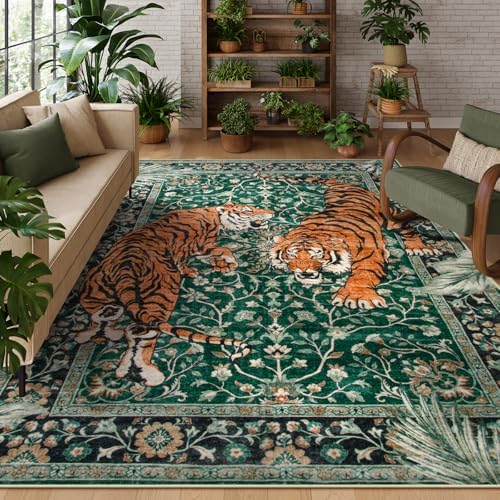 Moynesa Tiger 9x12 Washable Area Rug, Boho Green Rugs for Living Room by Moynesa