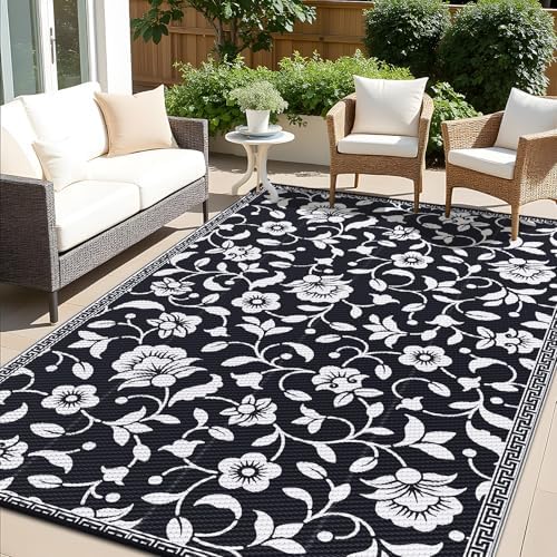 OLANLY Outdoor Rug 9x12 ft Waterproof Reversible Floral Mat, Black & White by OLANLY