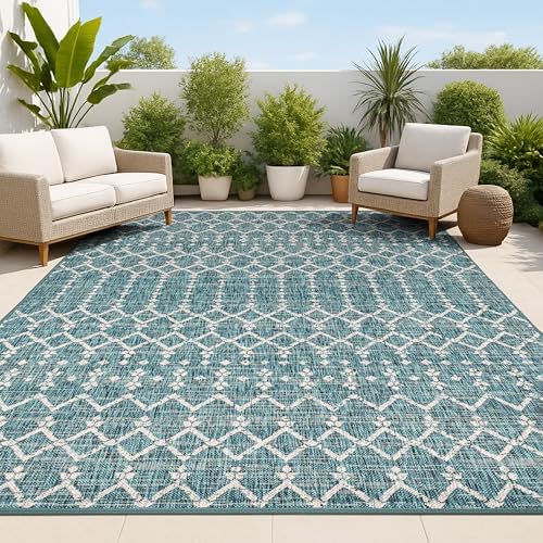 JONATHAN Y Moroccan Geometric Indoor Outdoor Area Rug 6X9 Teal/Gray, Ourika Textured Weave for Backyard, Patio, Porch, Easy-Cleaning, High Traffic, Pet-Friendly, Non-Shedding (SMB108C-6) by JONATHANY