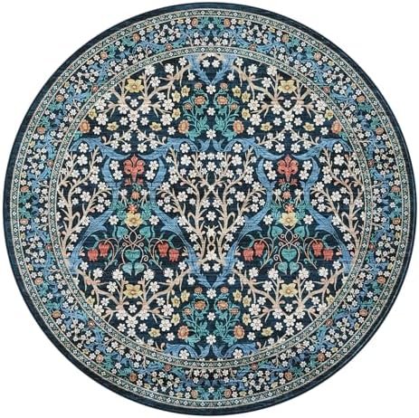 GarveeHome Dark Blue Floral 4 ft Round Rug Washable Non-Slip Soft Low Pile Small Circle Carpet Vintage Rugs for Kitchen Bedroom Nursery Dining Living Room - Image 4